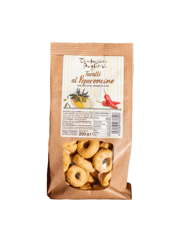 Precelki Taralli z ostrą papryczką peperoncino 200 g - Tentazioni Pugliesi, Apulia 