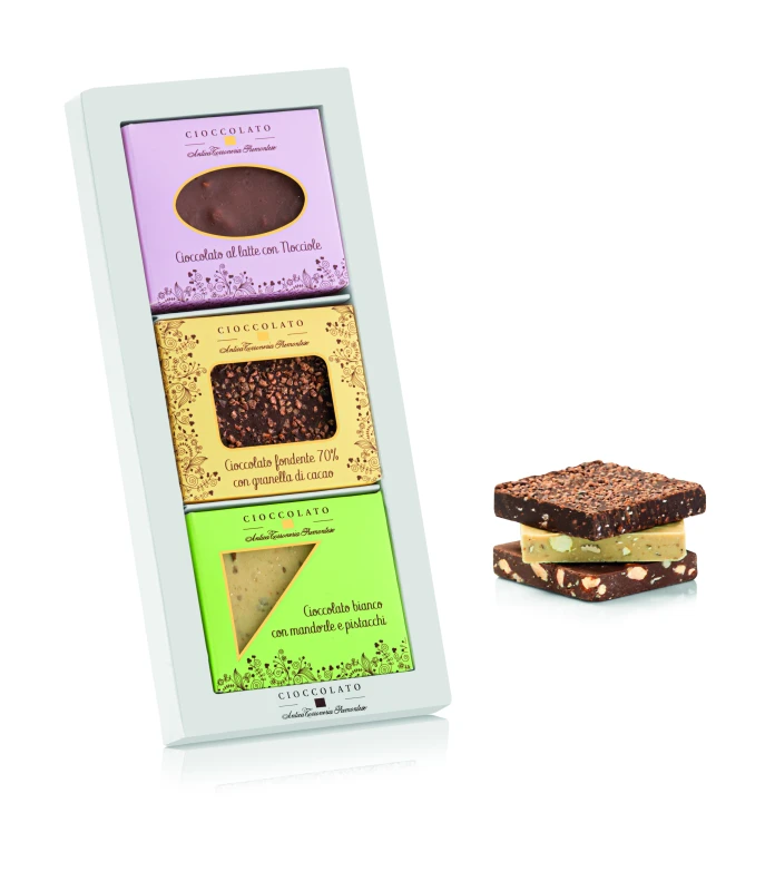 Zestaw 3 piemonckich mini czekolad: gorzka, mleczna z orzechami i biała z pistacjami 3x40g - Antica Torroneria Piemontese, Piemont